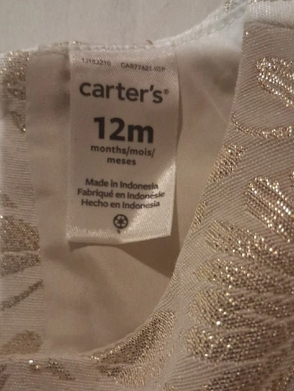 Carter's Cream Dress with Gold Floral Shine and Matching Bloomers Sz. 12 Months